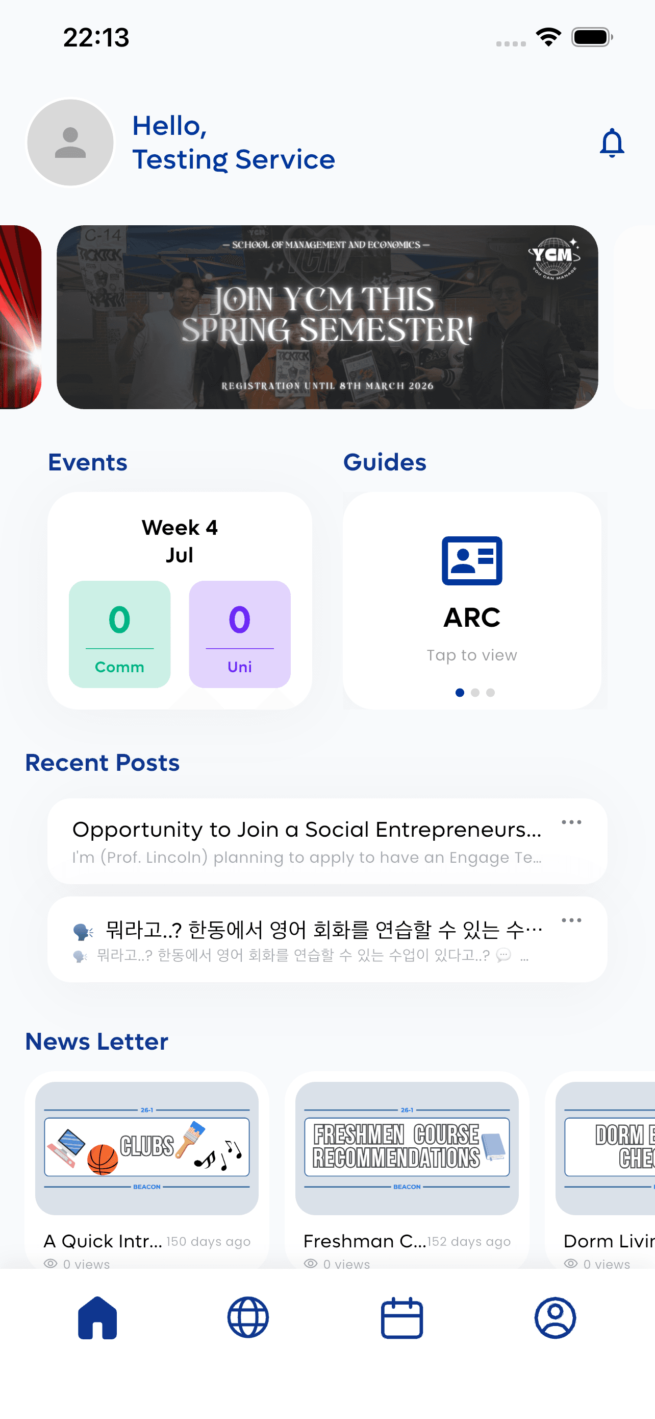 Beacon mobile home dashboard with events, ARC guide, recent posts, and newsletters