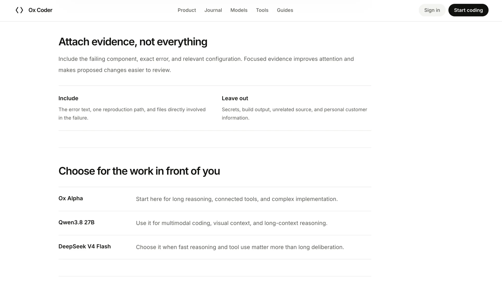 Ox Coder coding guide about attaching focused evidence and choosing a model
