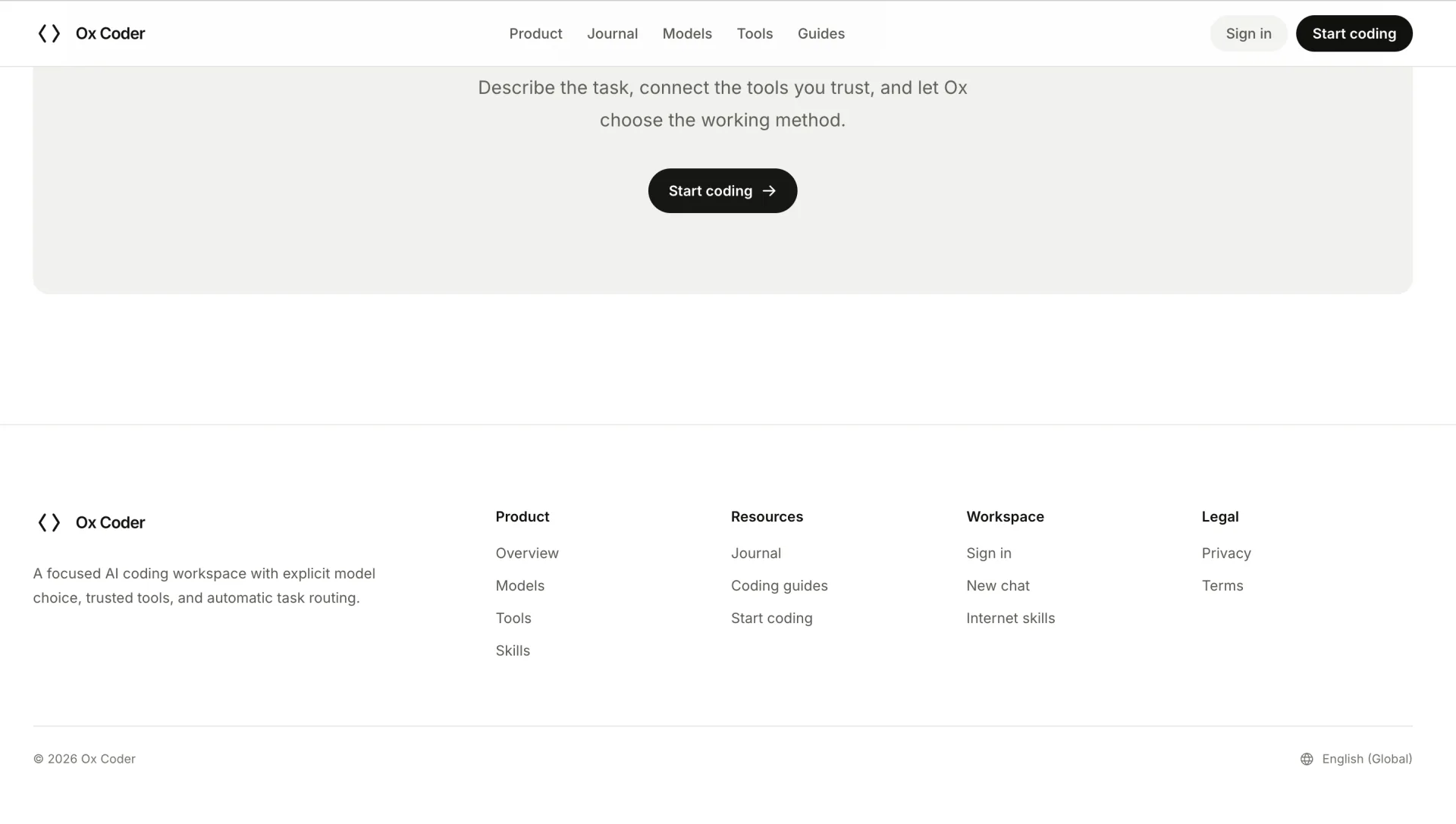 Ox Coder call to action and structured product footer